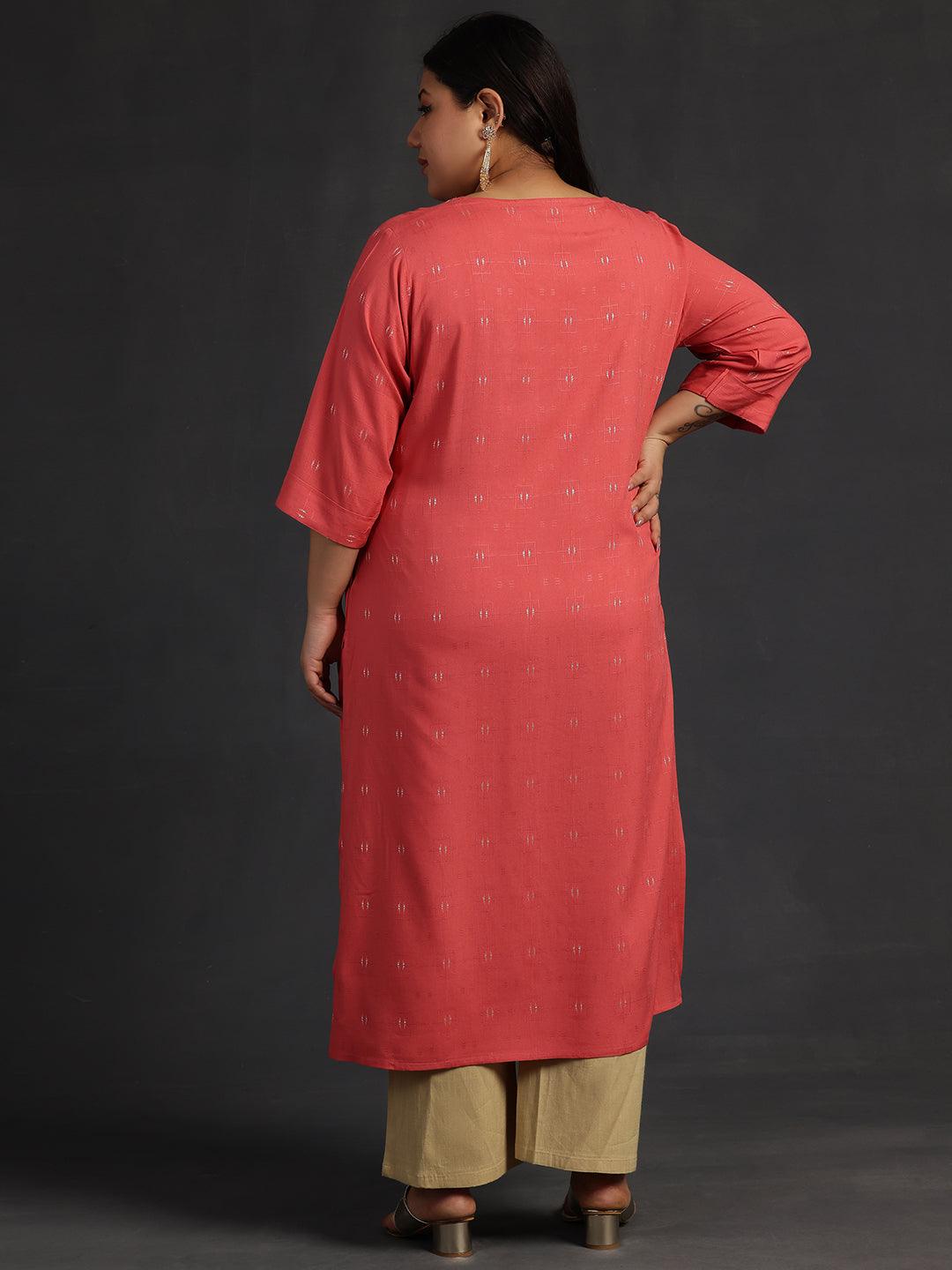 Plus Size Coral Yoke Design Silk Straight Kurta - Libas