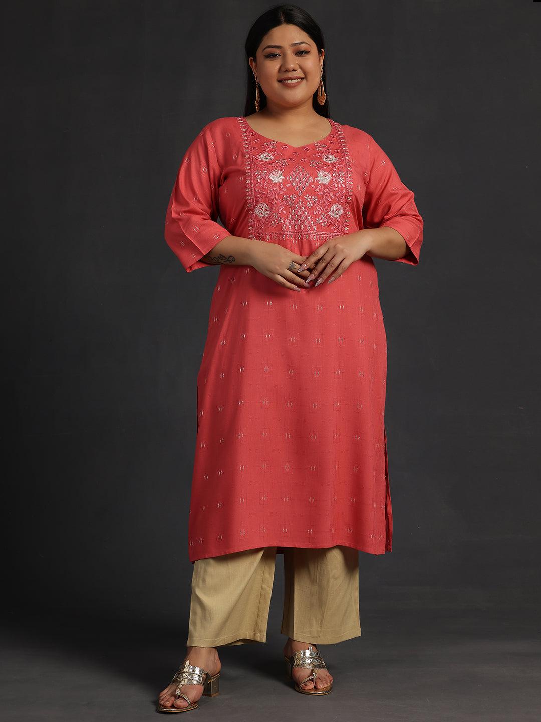 Plus Size Coral Yoke Design Silk Straight Kurta - Libas