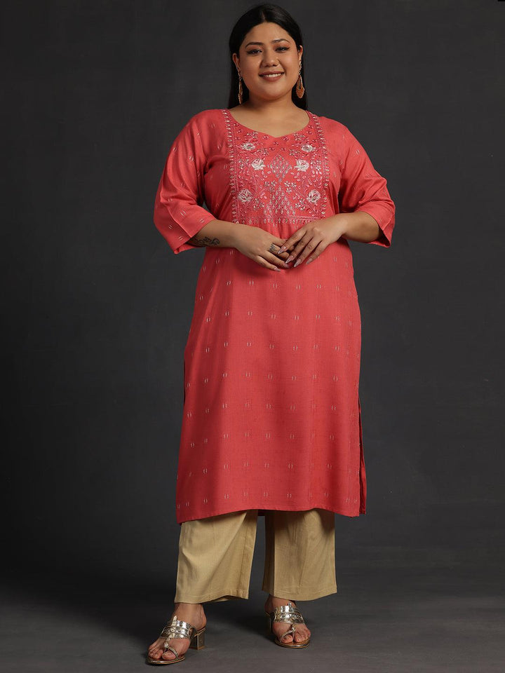 Plus Size Coral Yoke Design Silk Straight Kurta - Libas