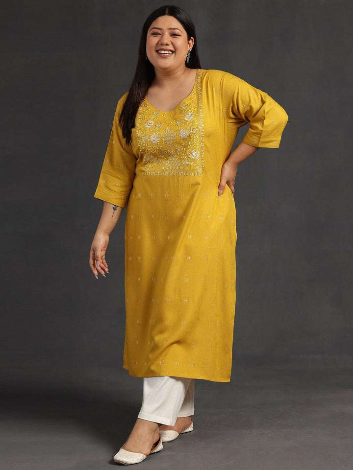 Plus Size Mustard Yoke Design Silk Straight Kurta - Libas