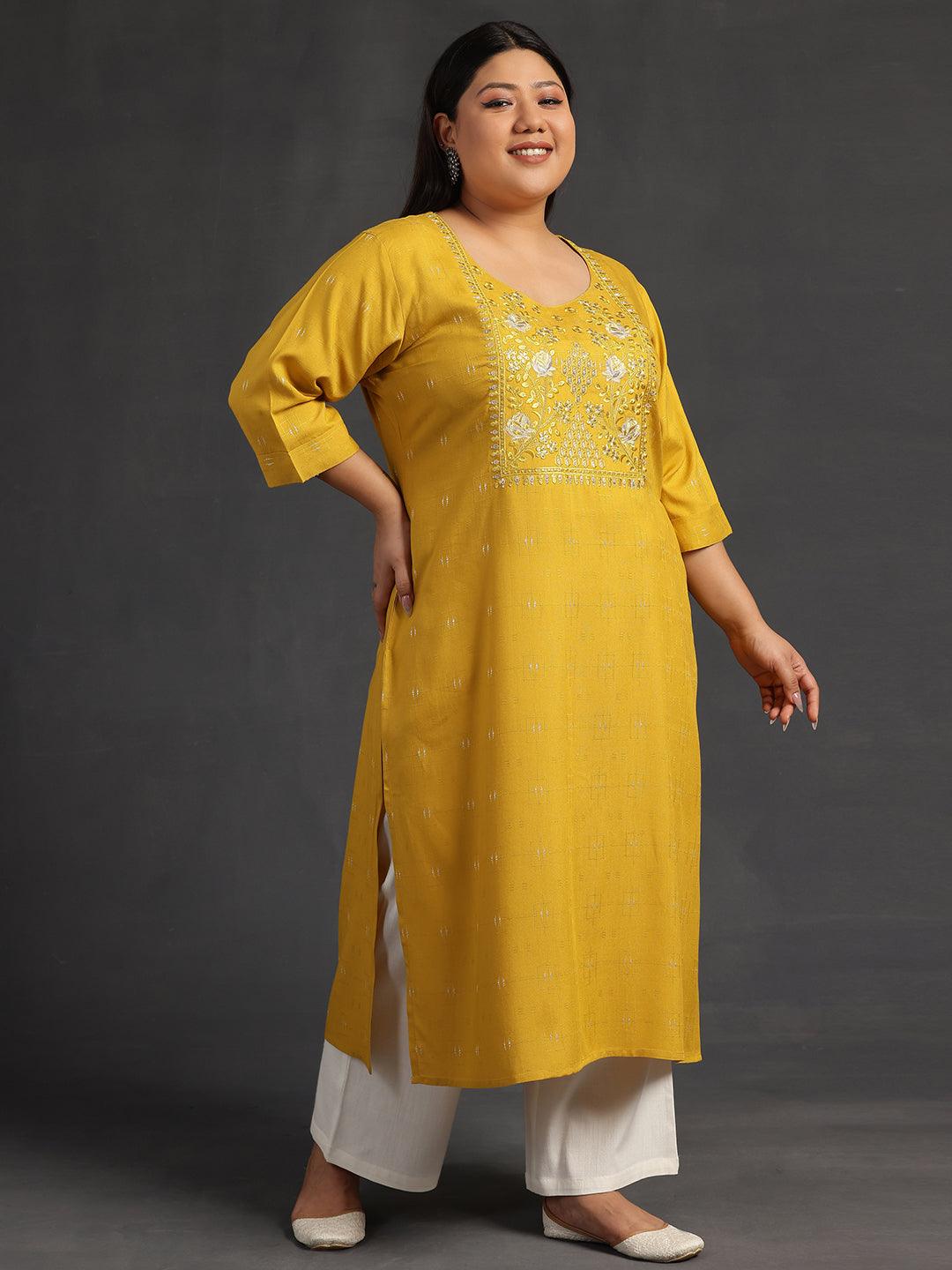 Plus Size Mustard Yoke Design Silk Straight Kurta - Libas