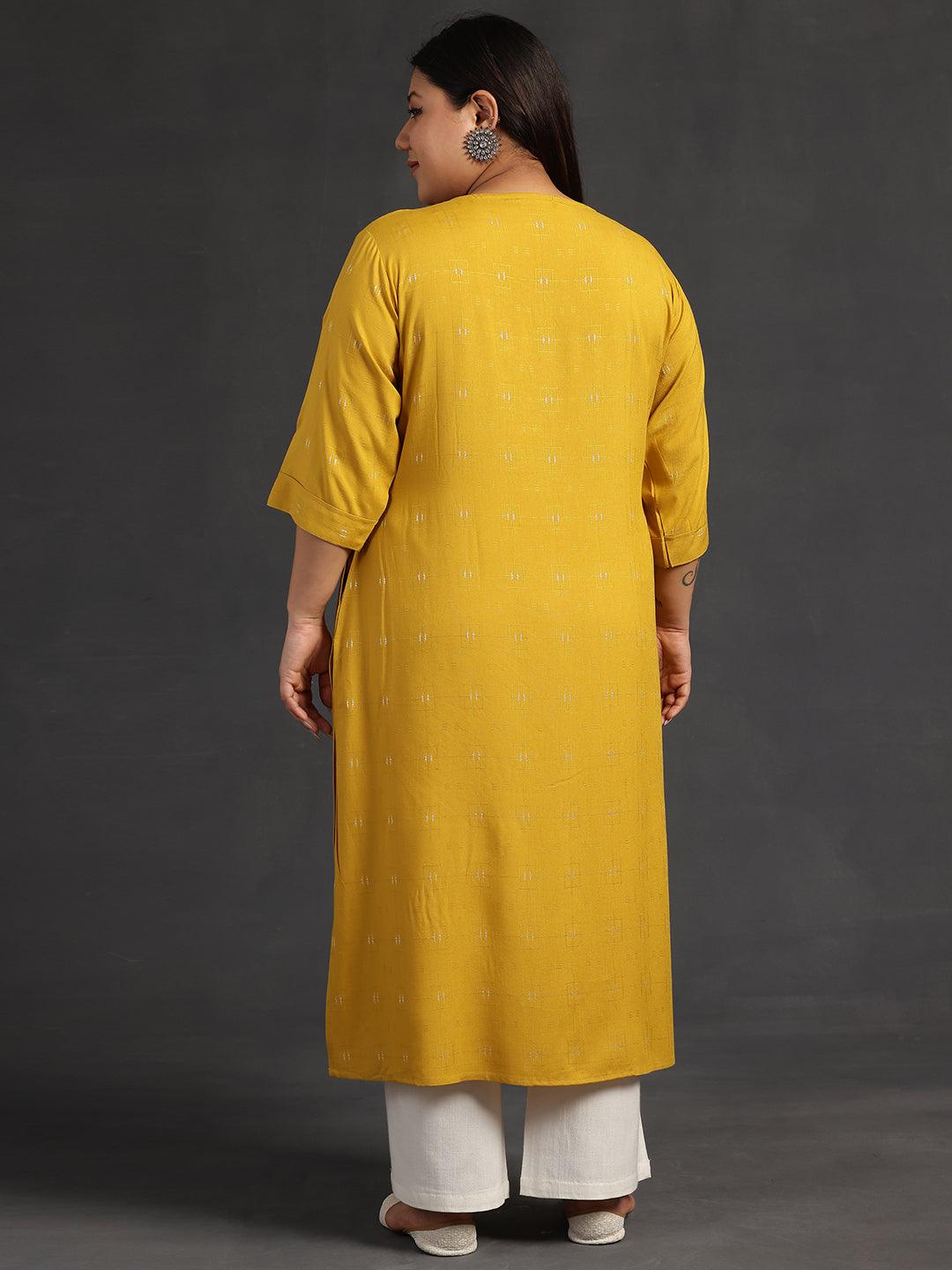 Plus Size Mustard Yoke Design Silk Straight Kurta - Libas