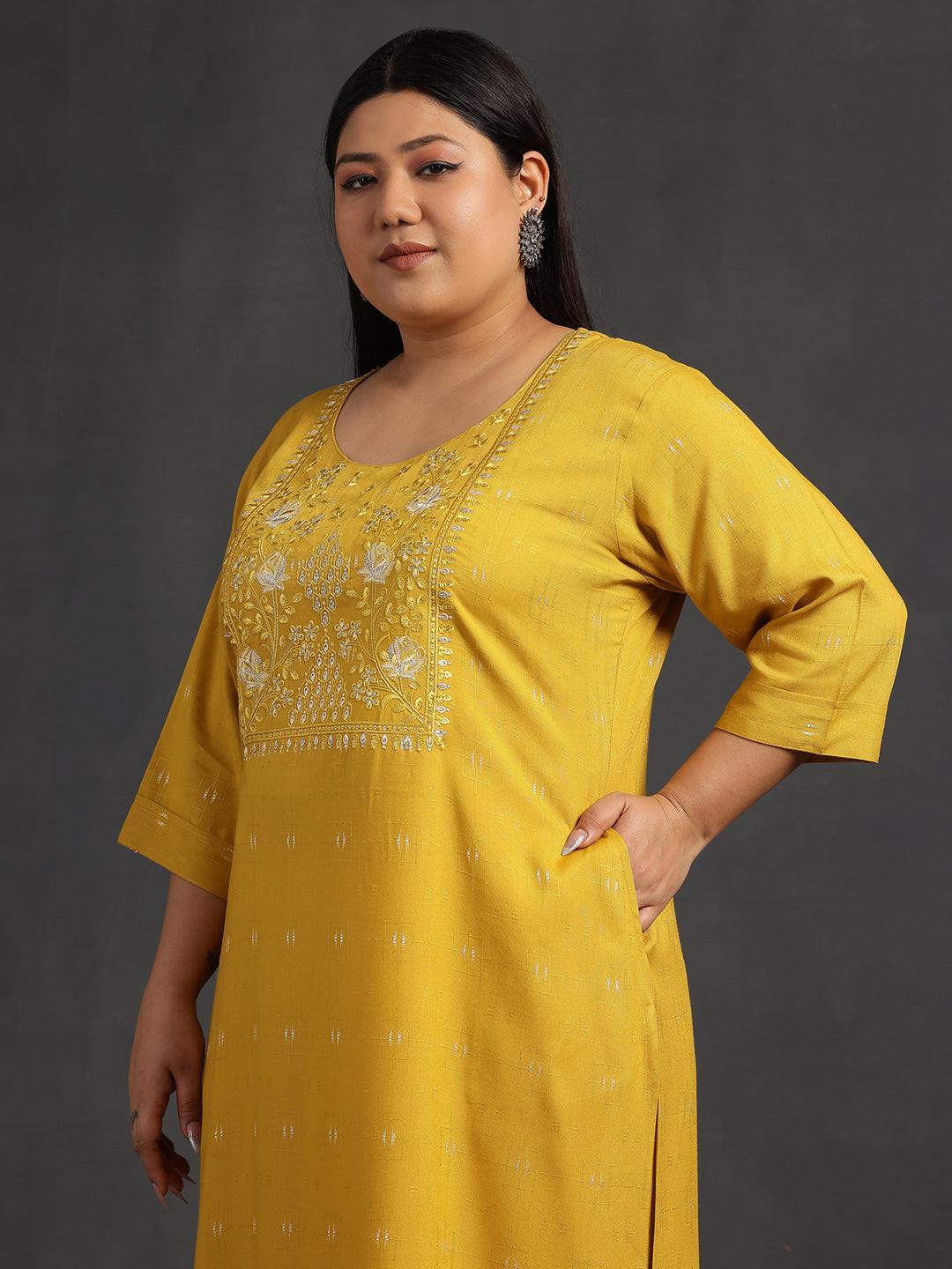 Plus Size Mustard Yoke Design Silk Straight Kurta - Libas