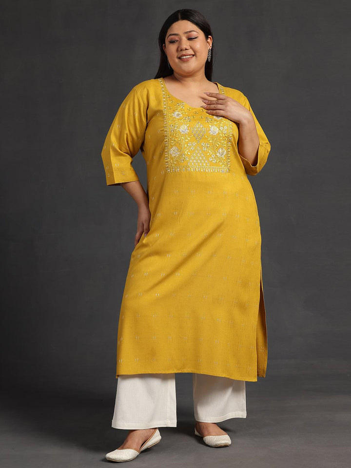 Plus Size Mustard Yoke Design Silk Straight Kurta - Libas