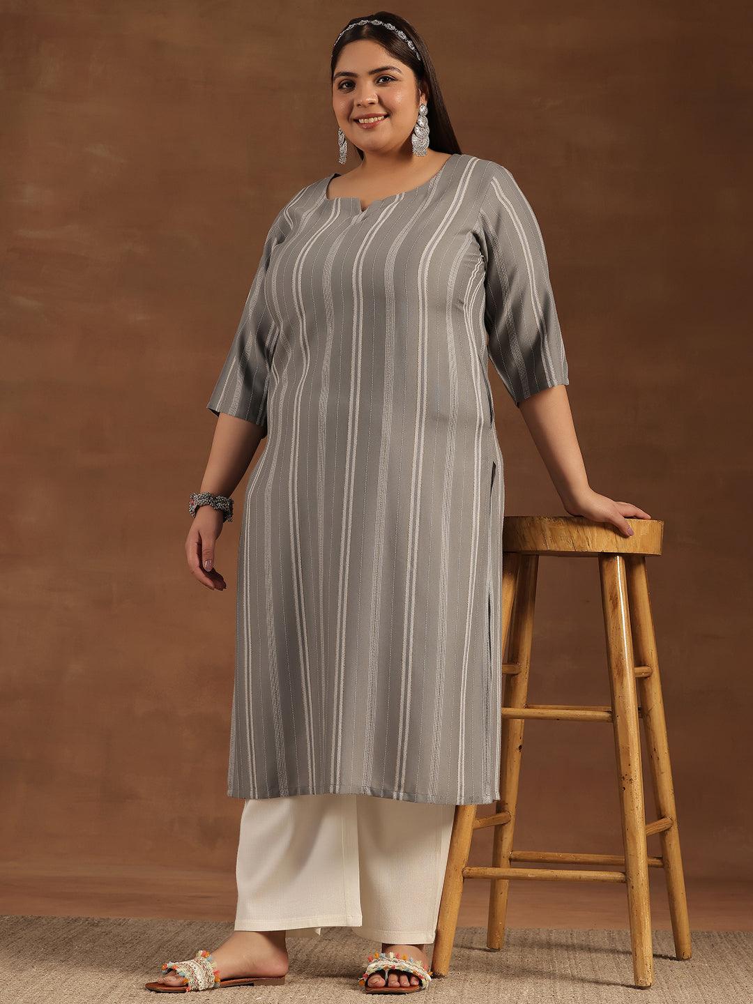 Plus Size Grey Woven Design Rayon Straight Kurta - Libas 