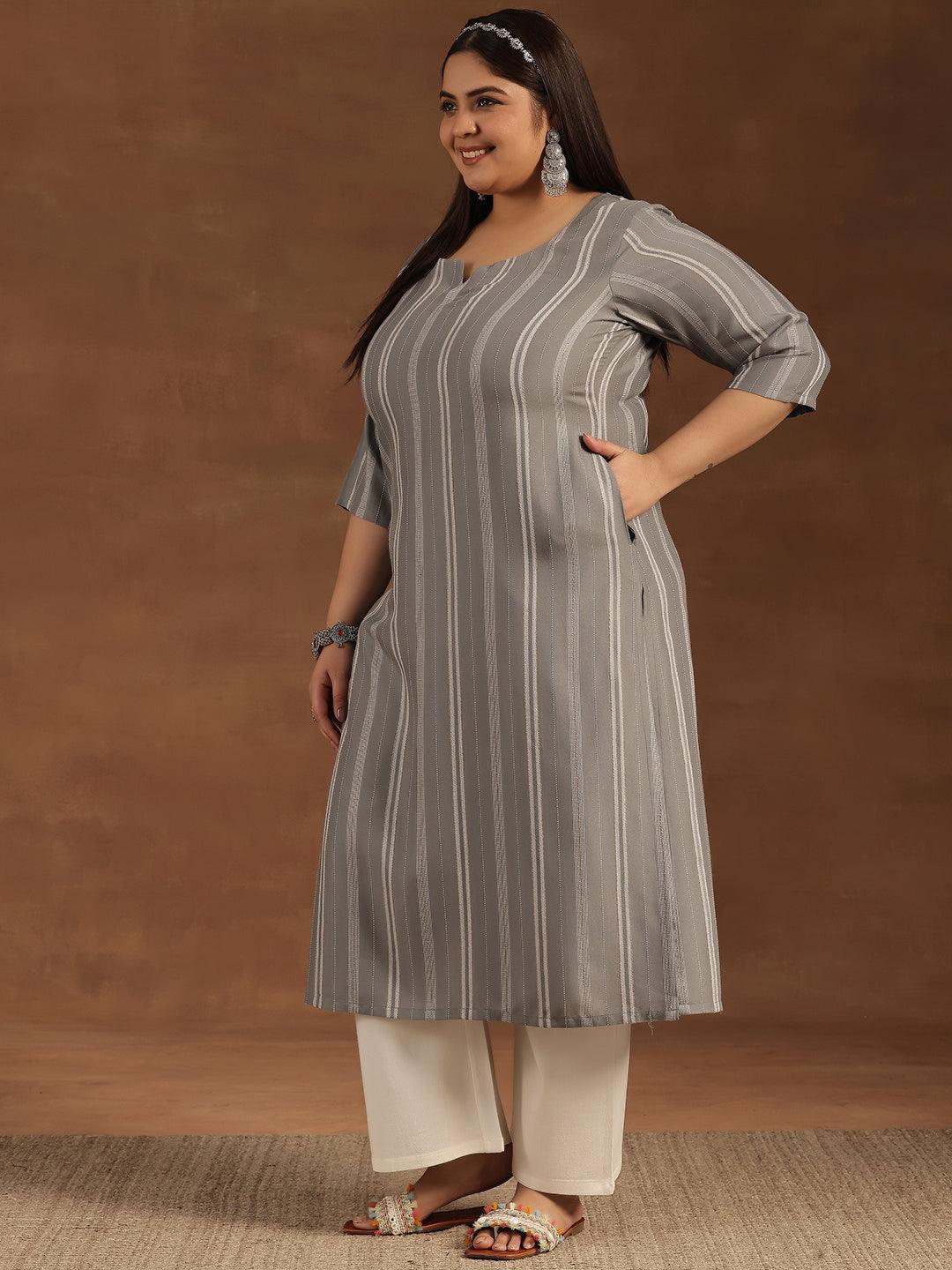 Plus Size Grey Woven Design Rayon Straight Kurta - Libas 