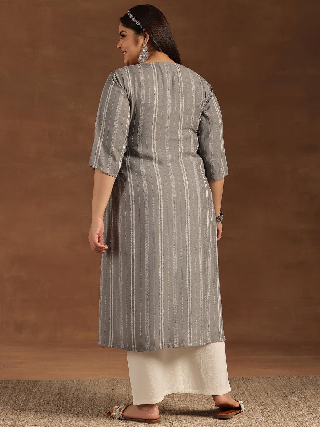 Plus Size Grey Woven Design Rayon Straight Kurta - Libas 