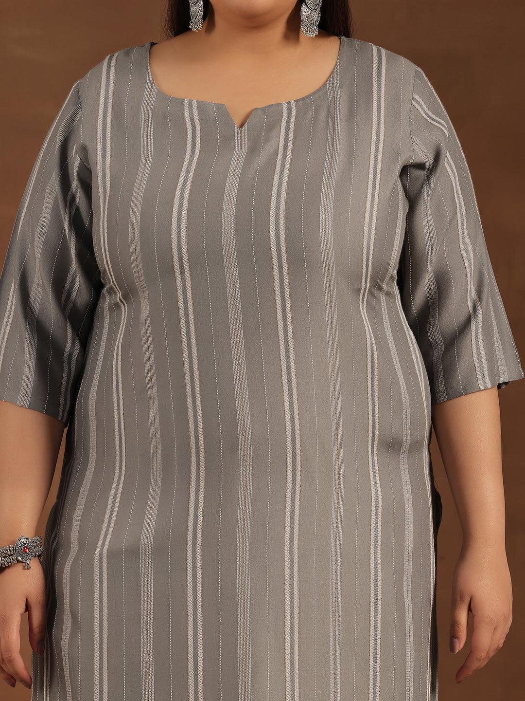 Plus Size Grey Woven Design Rayon Straight Kurta - Libas 