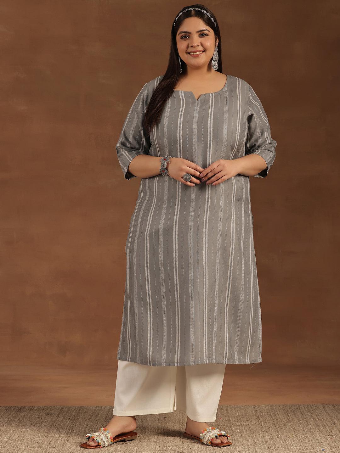 Plus Size Grey Woven Design Rayon Straight Kurta - Libas