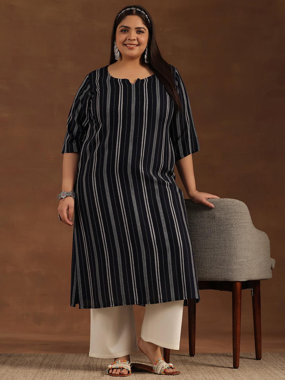 Plus Size Navy Blue Striped Rayon Straight Kurta - Libas