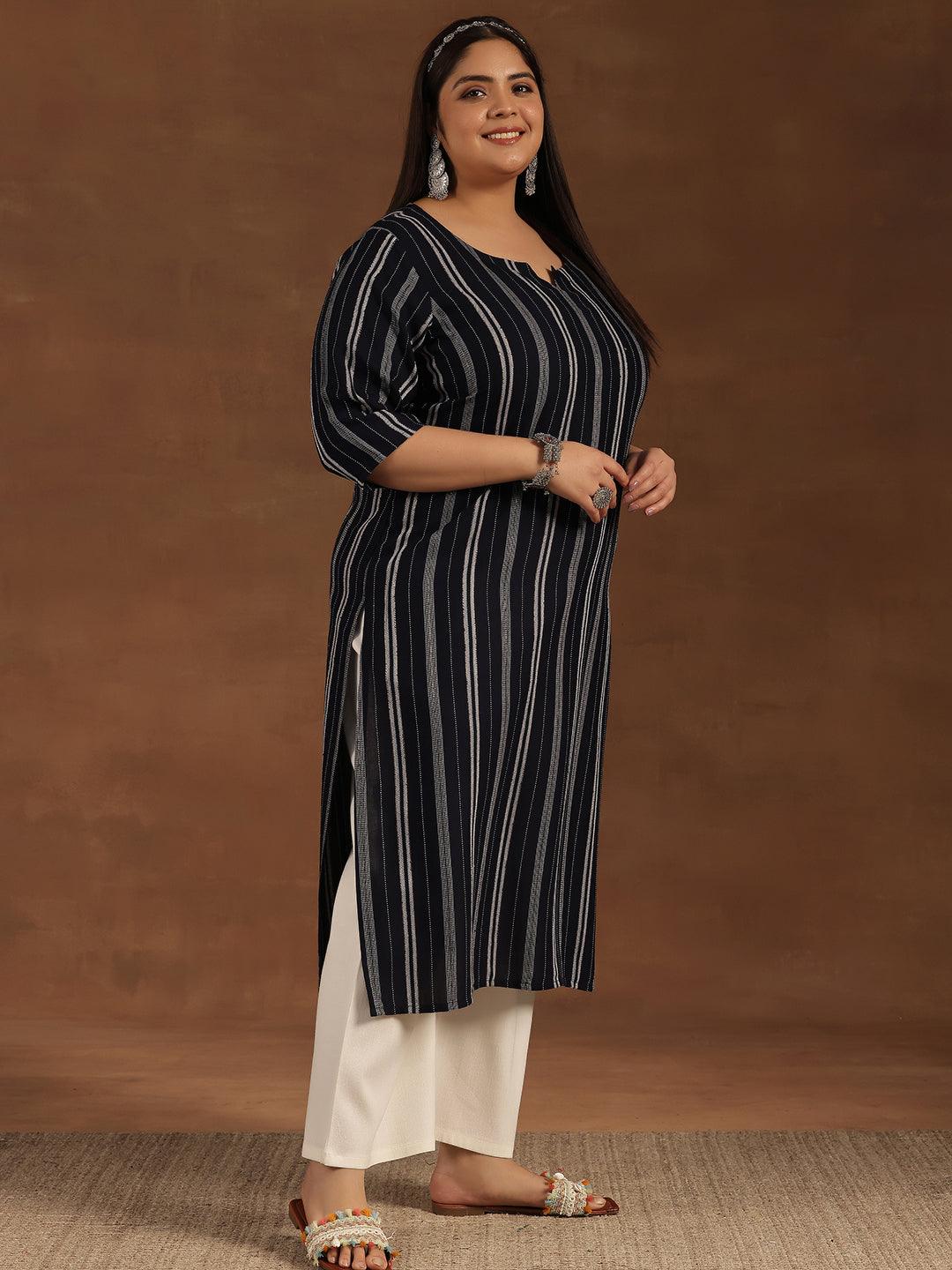 Plus Size Navy Blue Striped Rayon Straight Kurta - Libas