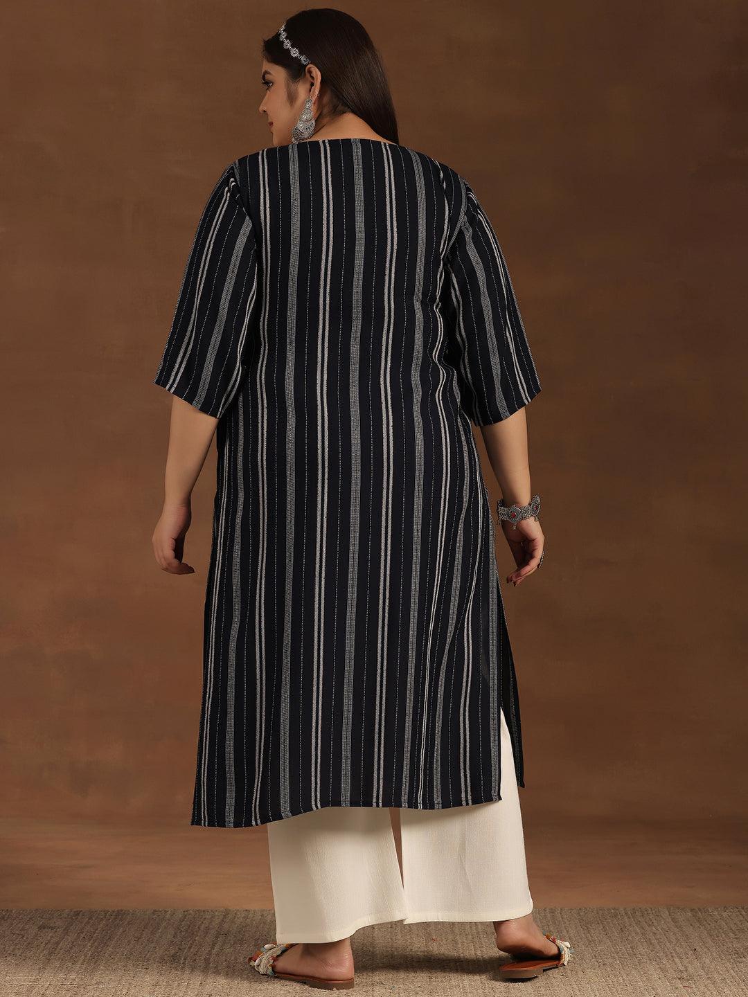 Plus Size Navy Blue Striped Rayon Straight Kurta - Libas