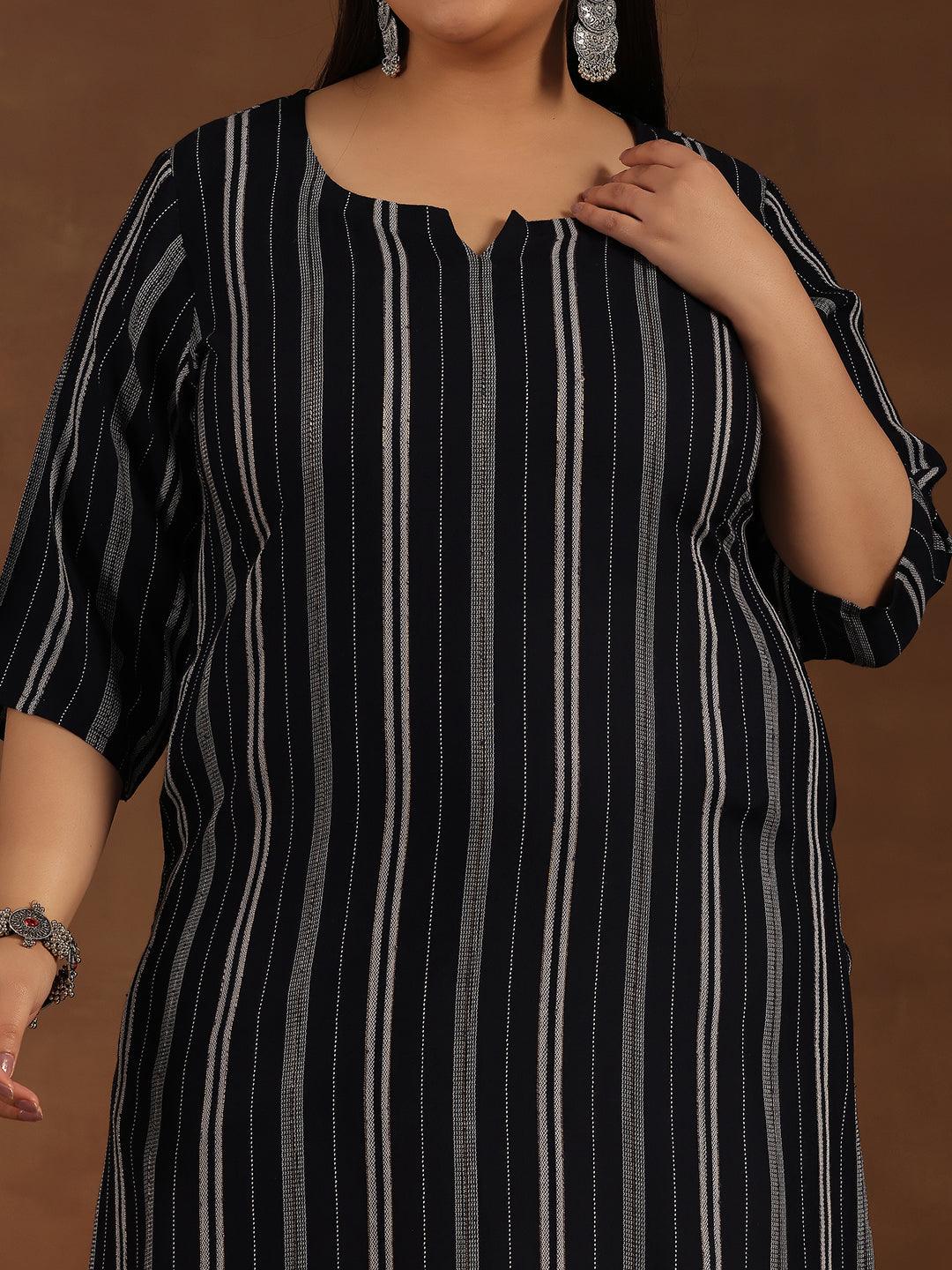 Plus Size Navy Blue Striped Rayon Straight Kurta - Libas