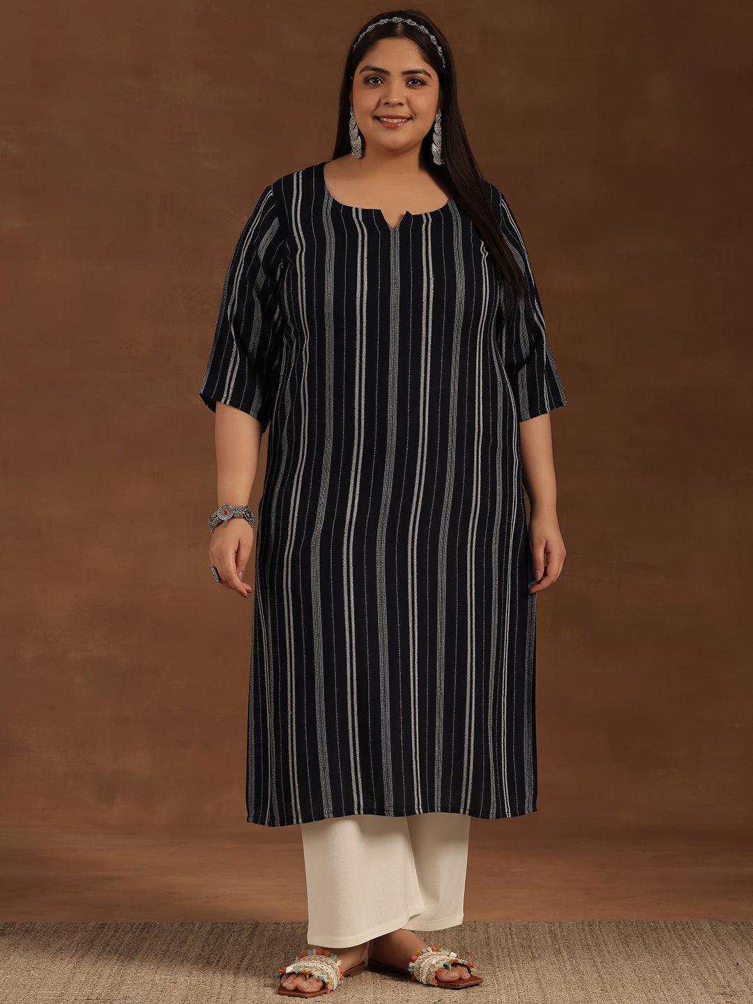 Plus Size Navy Blue Striped Rayon Straight Kurta - Libas