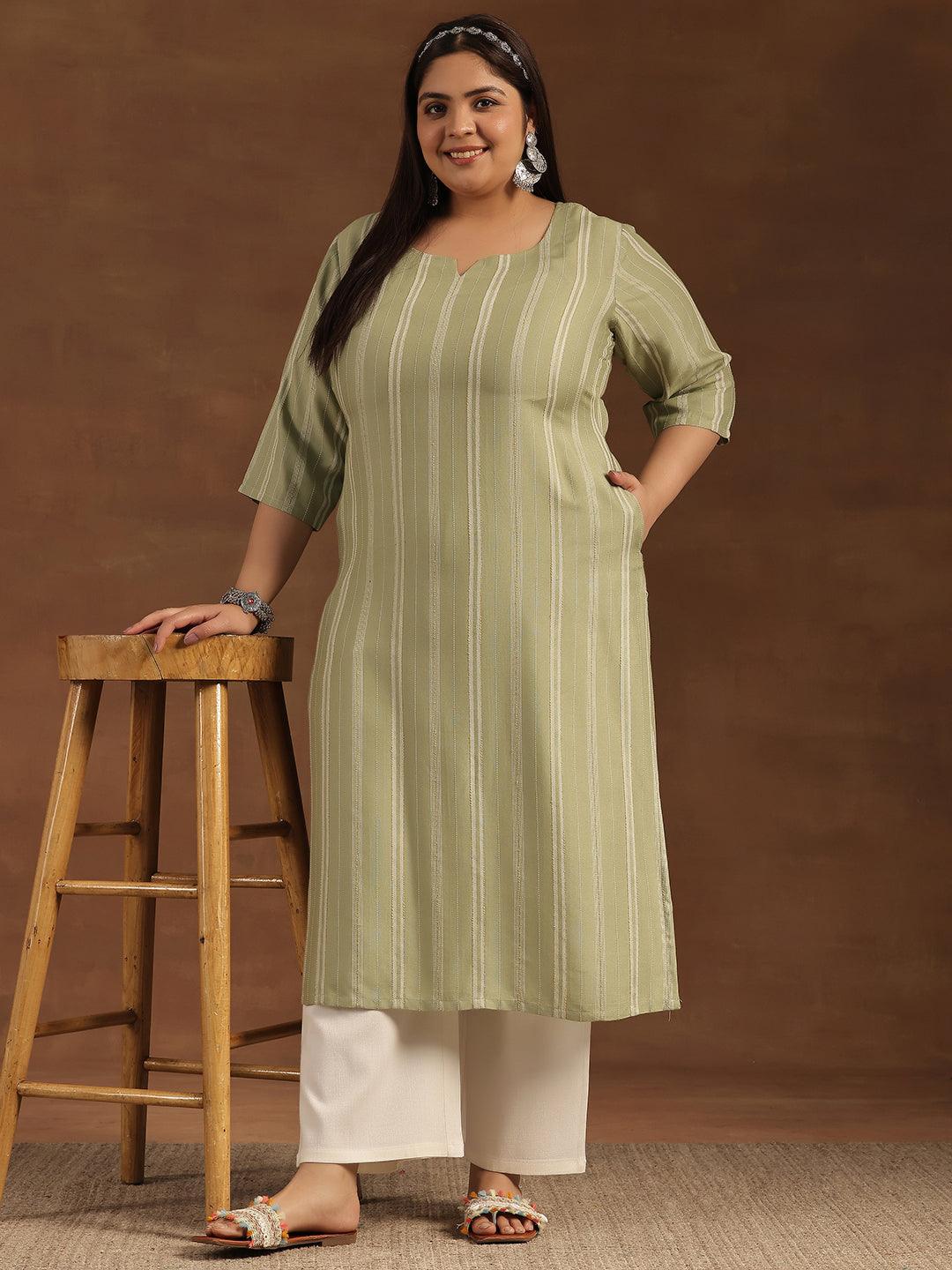 Plus Size Green Woven Design Rayon Straight Kurta - Libas 