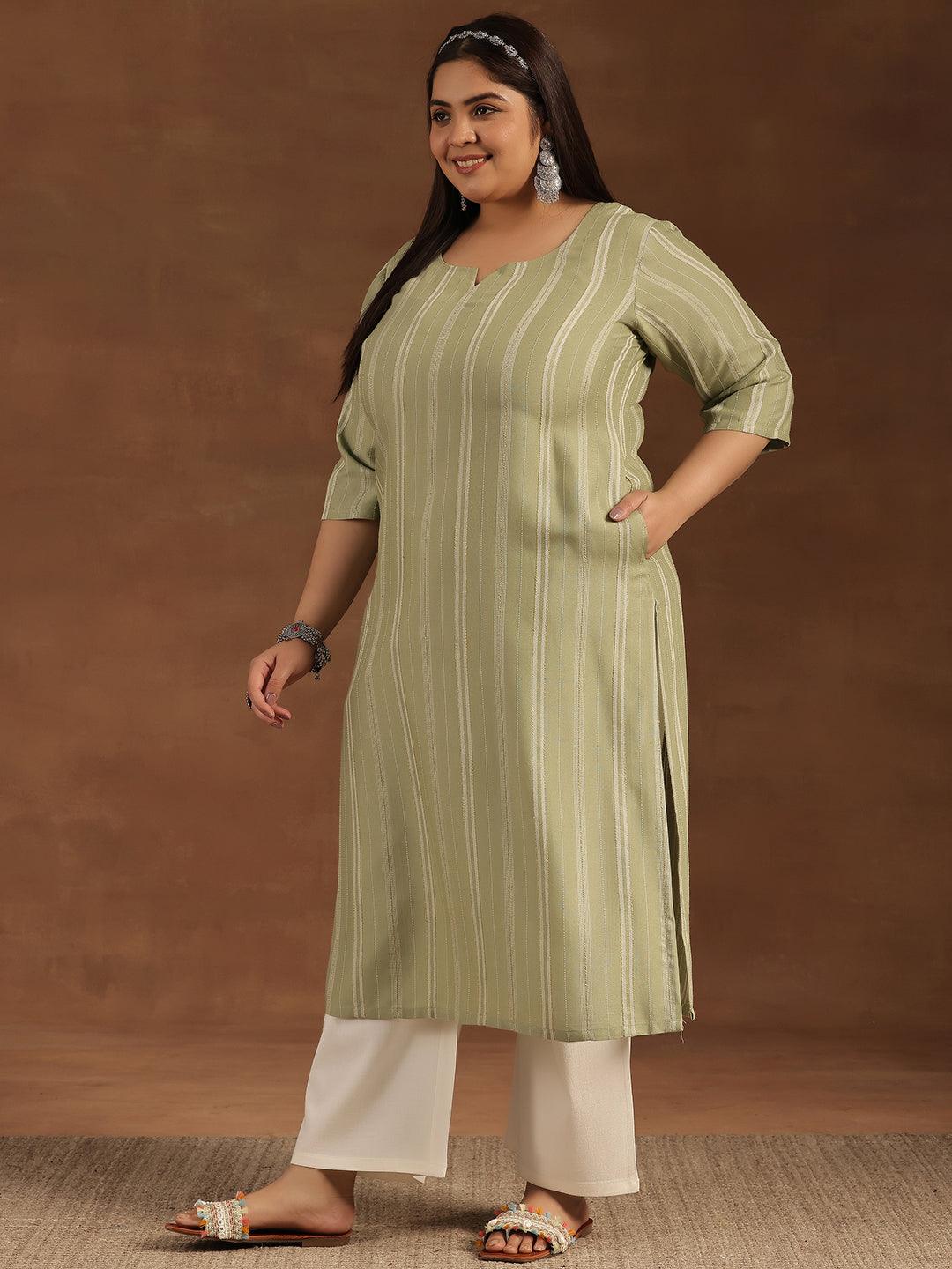 Plus Size Green Woven Design Rayon Straight Kurta - Libas 