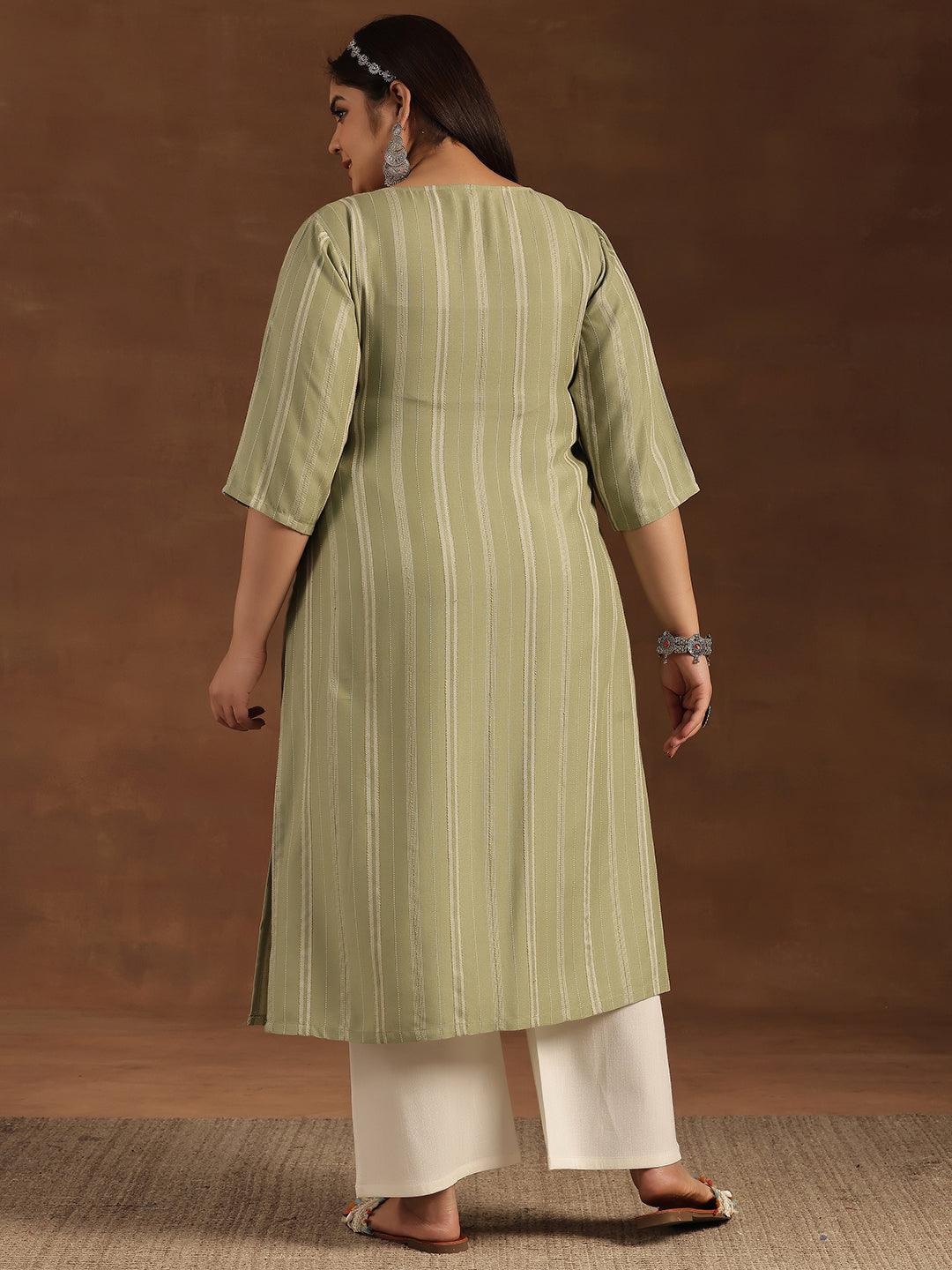 Plus Size Green Woven Design Rayon Straight Kurta - Libas 