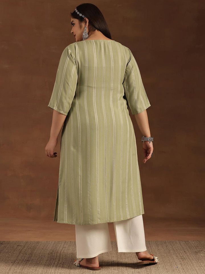 Plus Size Green Woven Design Rayon Straight Kurta - Libas