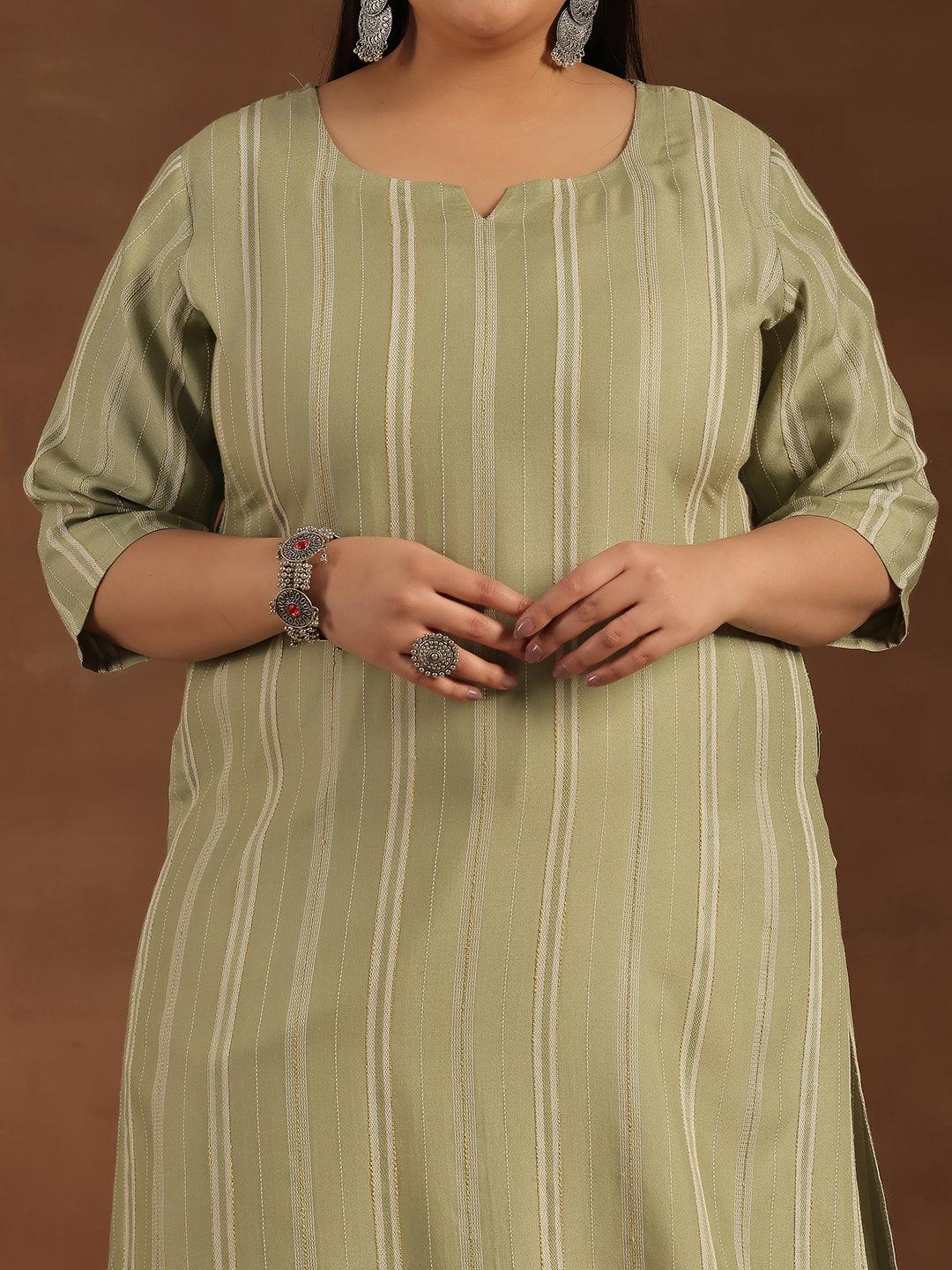 Plus Size Green Woven Design Rayon Straight Kurta - Libas 