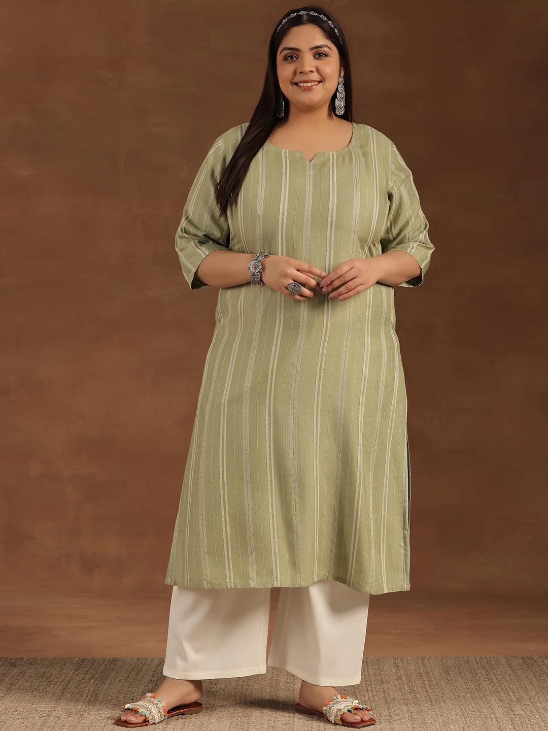 Plus Size Green Woven Design Rayon Straight Kurta - Libas 