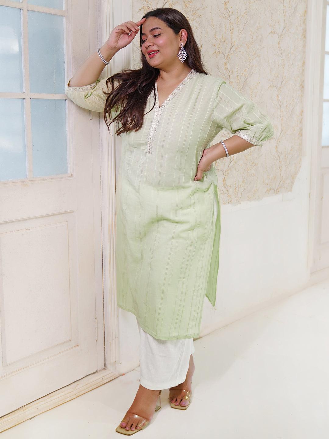 Plus Size Green Woven Design Cotton Straight Kurta - Libas 