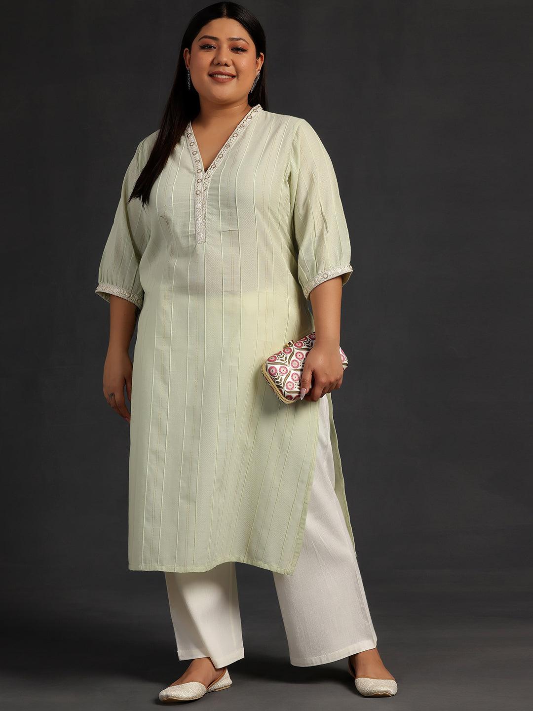 Plus Size Green Woven Design Cotton Straight Kurta - Libas 