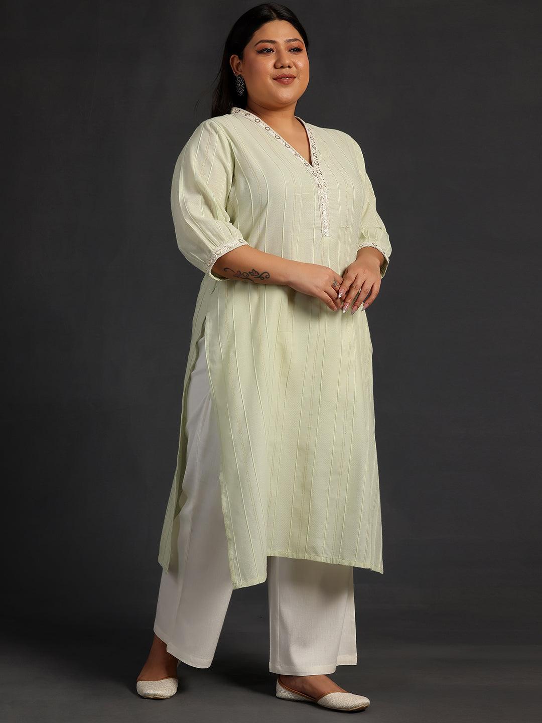 Plus Size Green Woven Design Cotton Straight Kurta - Libas 