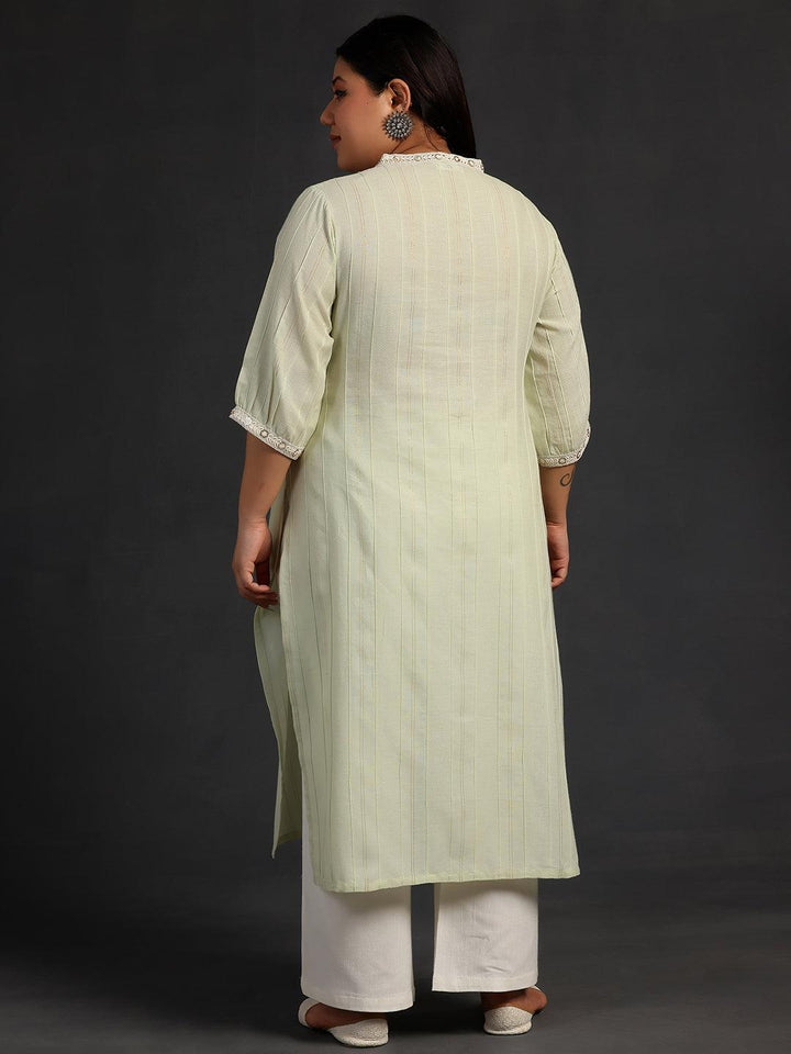 Plus Size Green Woven Design Cotton Straight Kurta - Libas