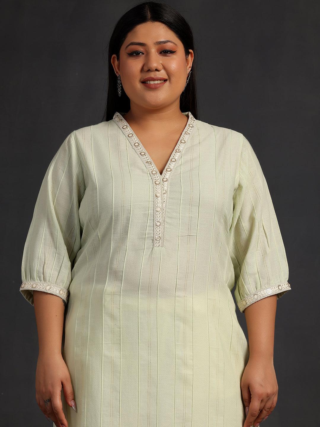 Plus Size Green Woven Design Cotton Straight Kurta - Libas