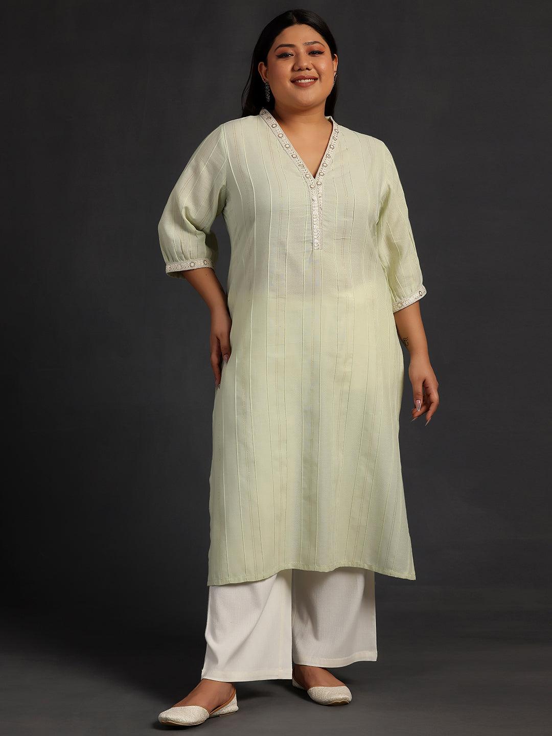 Plus Size Green Woven Design Cotton Straight Kurta - Libas 