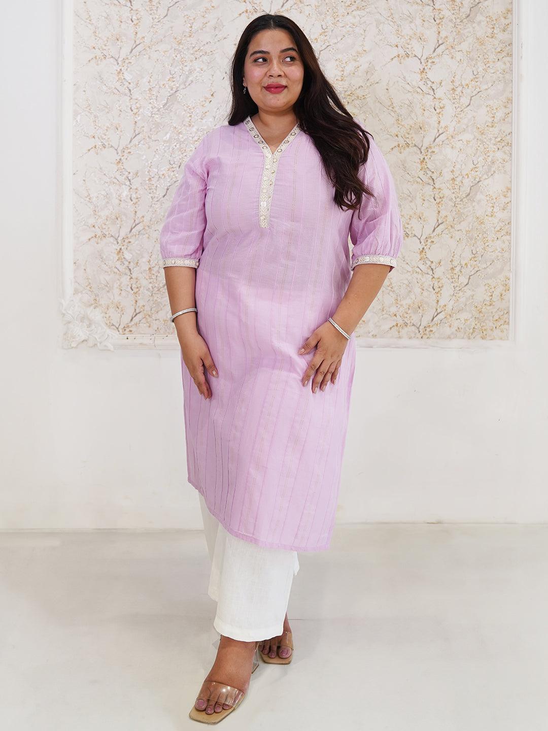 Plus Size Purple Woven Design Cotton Straight Kurta - Libas