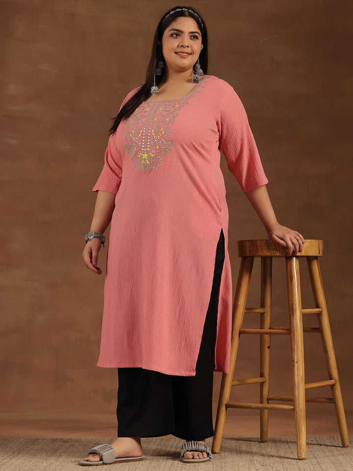 Plus Size Pink Yoke Design Polyester Straight Kurta - Libas