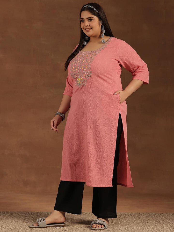 Plus Size Pink Yoke Design Polyester Straight Kurta - Libas