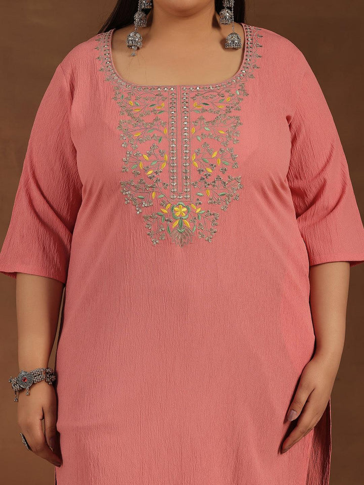 Plus Size Pink Yoke Design Polyester Straight Kurta - Libas