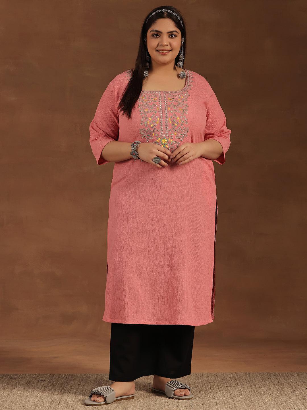 Plus Size Pink Yoke Design Polyester Straight Kurta - Libas