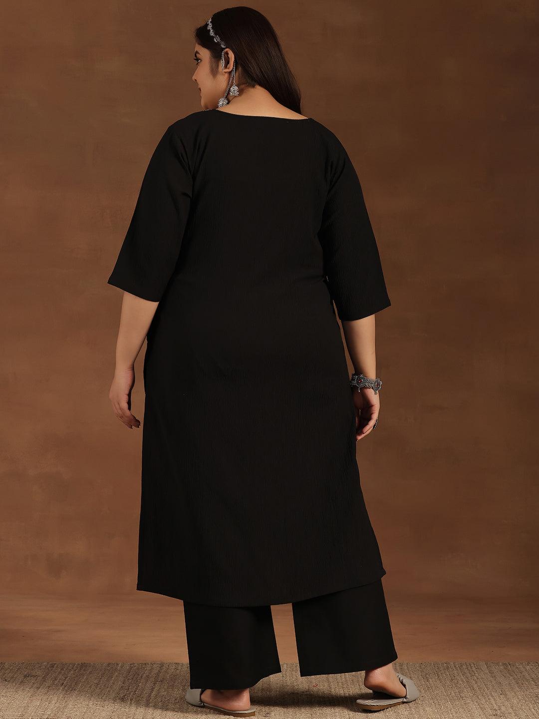 Plus Size Black Yoke Design Polyester Straight Kurta - Libas