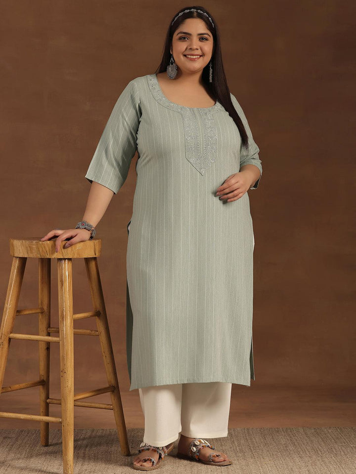 Plus Size Green Yoke Design Rayon Straight Kurta - Libas