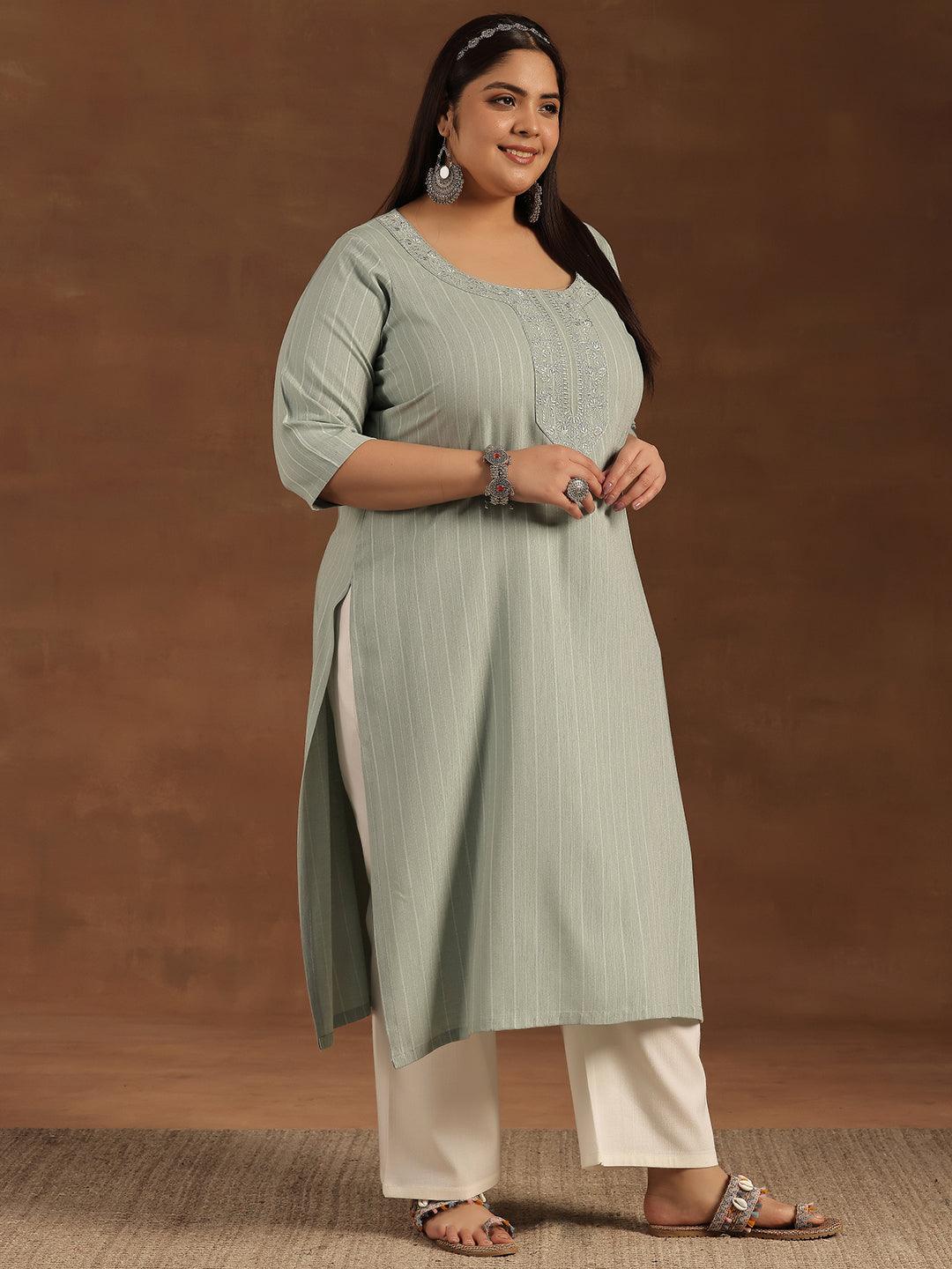 Plus Size Green Yoke Design Rayon Straight Kurta - Libas