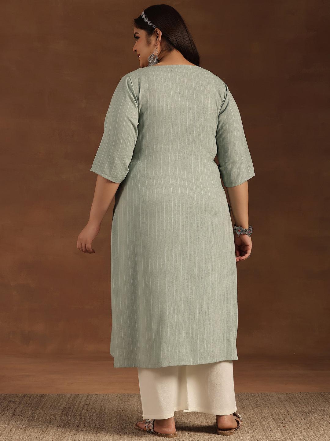 Plus Size Green Yoke Design Rayon Straight Kurta - Libas