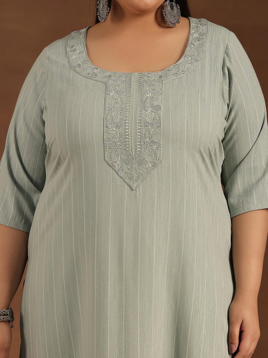 Plus Size Green Yoke Design Rayon Straight Kurta - Libas