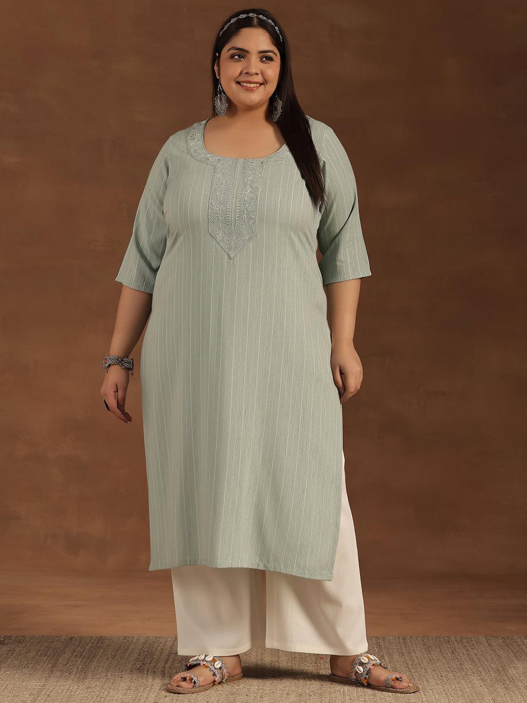 Plus Size Green Yoke Design Rayon Straight Kurta - Libas