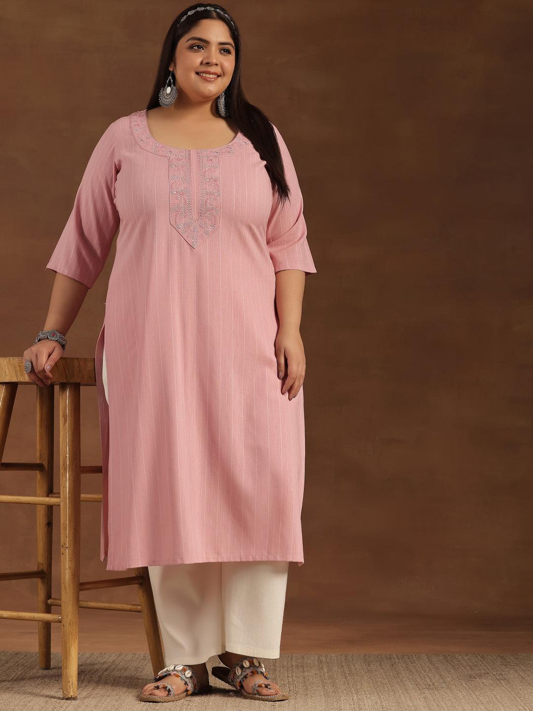 Plus Size Pink Yoke Design Rayon Straight Kurta - Libas