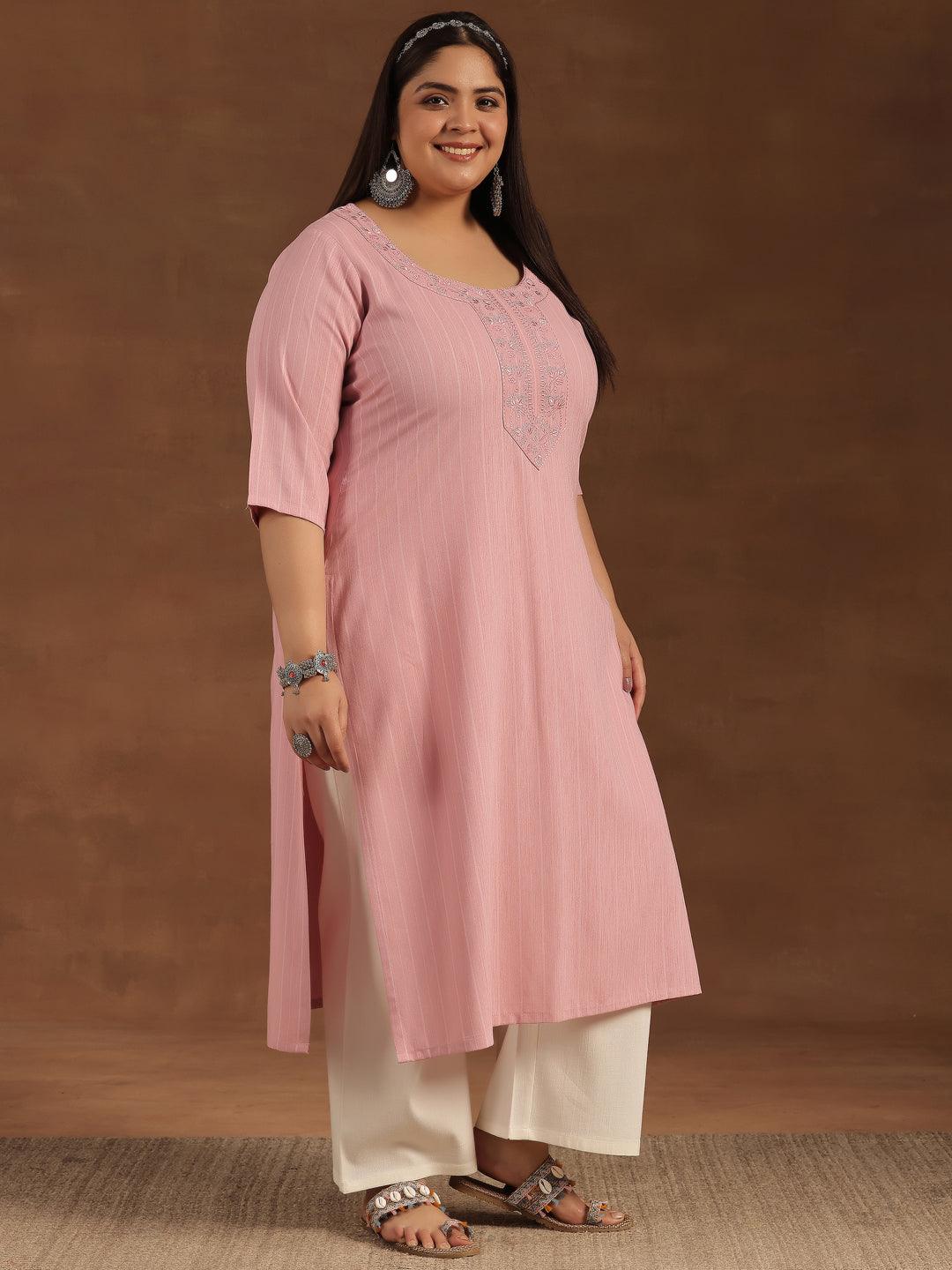 Plus Size Pink Yoke Design Rayon Straight Kurta - Libas