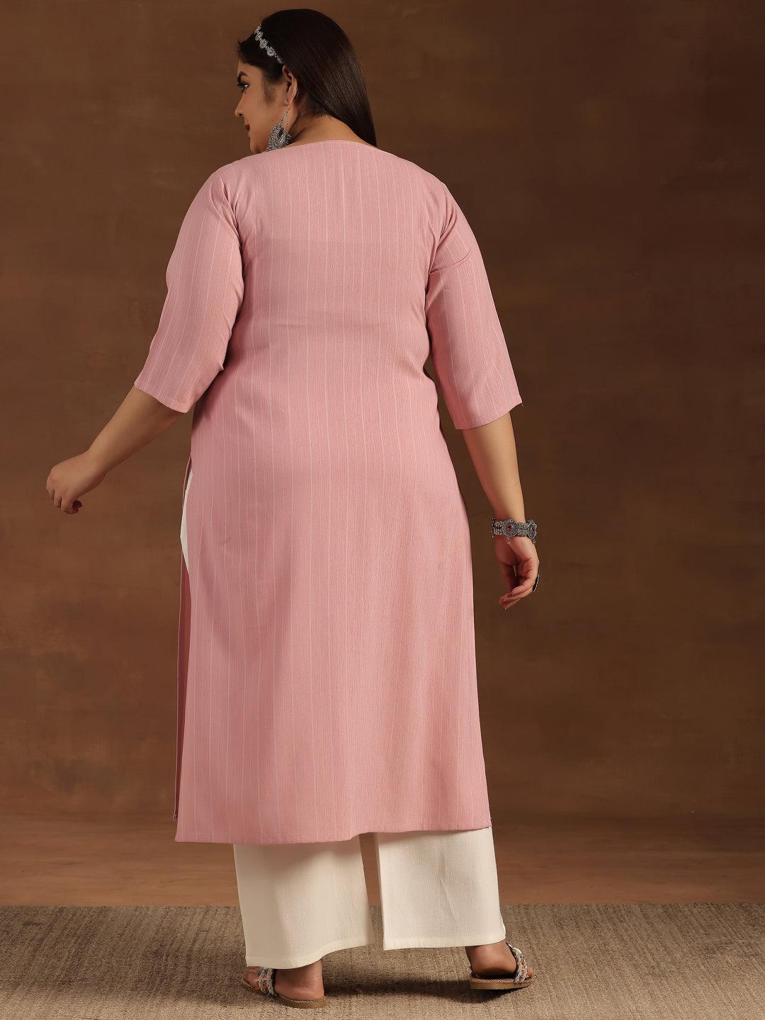 Plus Size Pink Yoke Design Rayon Straight Kurta - Libas