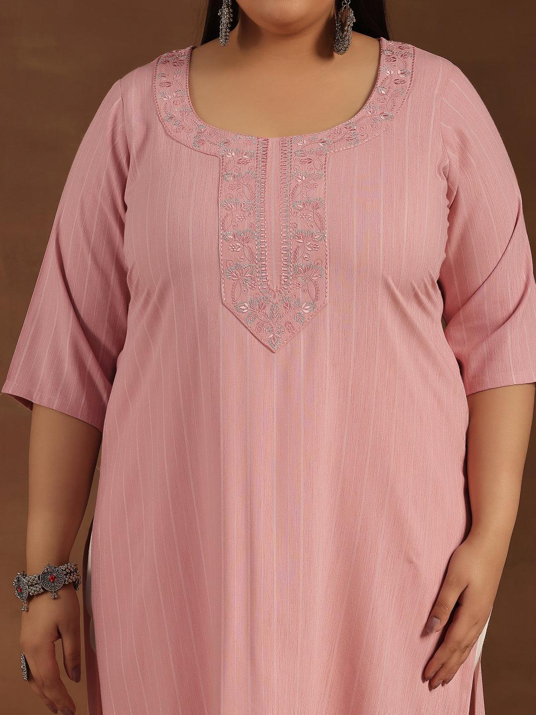 Plus Size Pink Yoke Design Rayon Straight Kurta - Libas