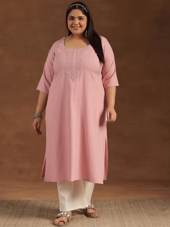 Plus Size Pink Yoke Design Rayon Straight Kurta - Libas