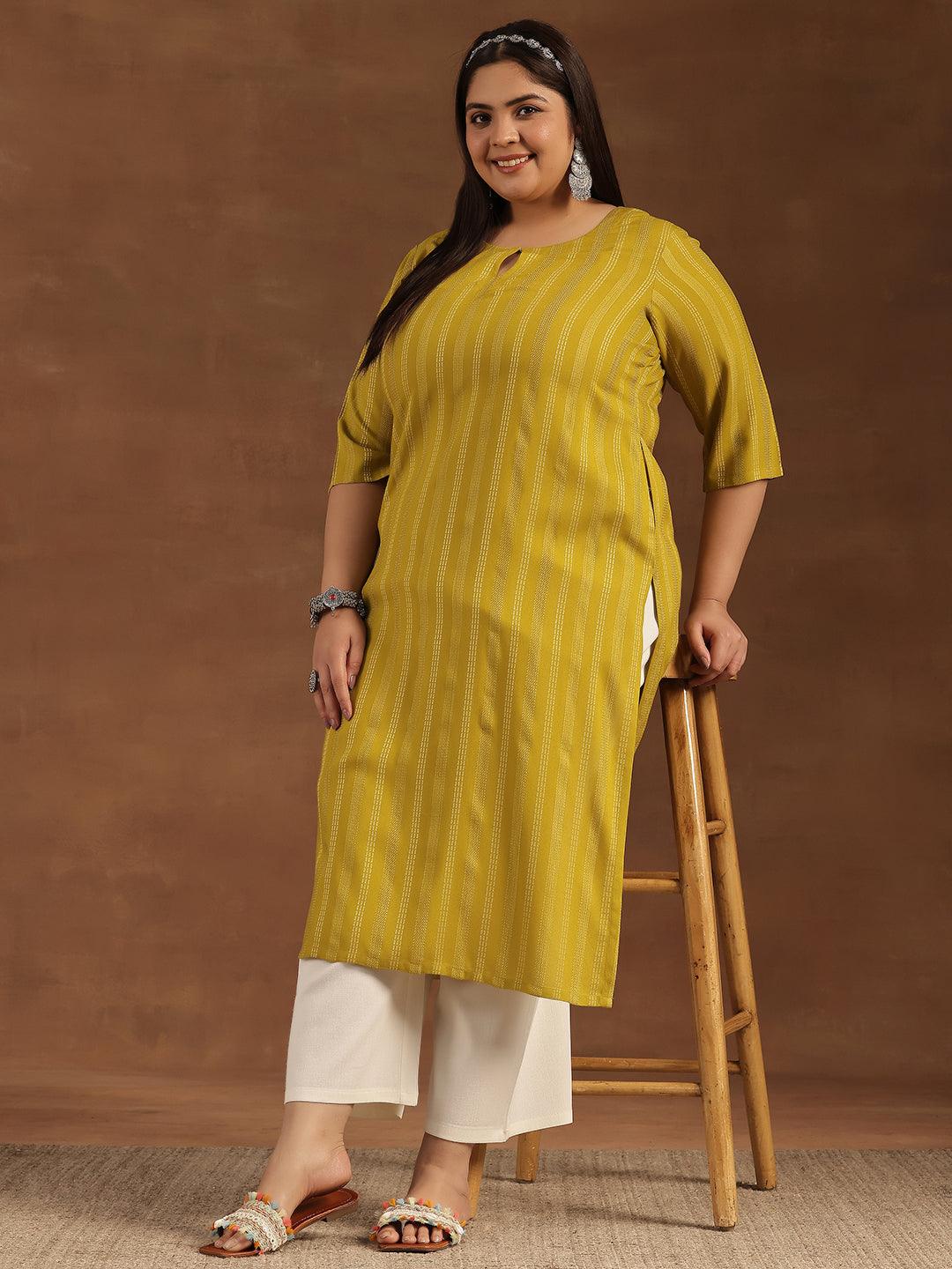 Plus Size Mustard Striped Rayon Straight Kurta - Libas 