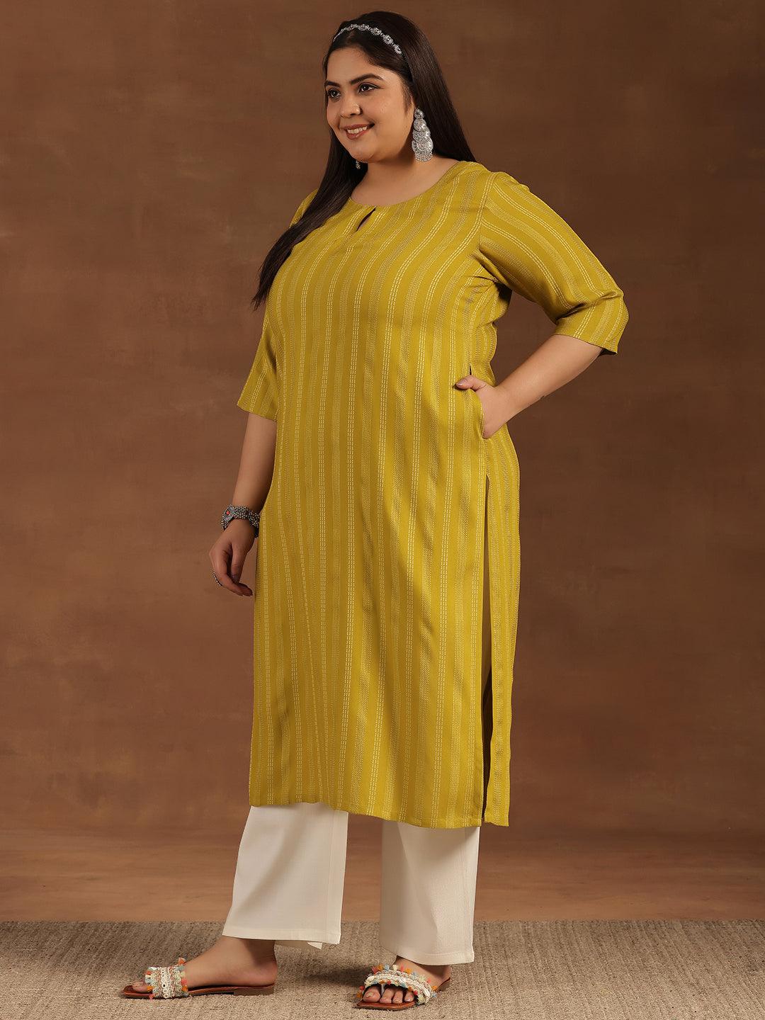 Plus Size Mustard Striped Rayon Straight Kurta - Libas 