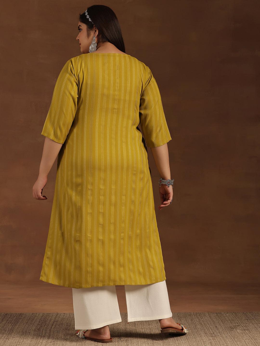 Plus Size Mustard Striped Rayon Straight Kurta - Libas