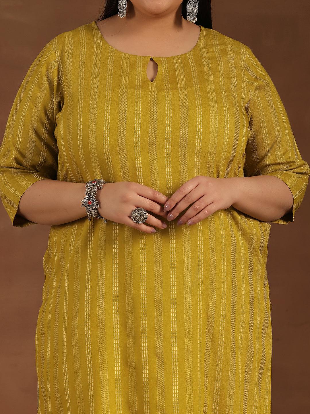 Plus Size Mustard Striped Rayon Straight Kurta - Libas 